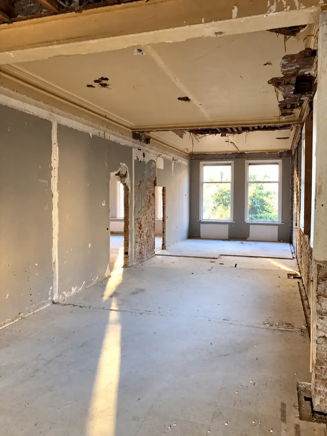 Een binnenruimte tijdens renovatiesloop met verwijderde plafonds en afwerking.